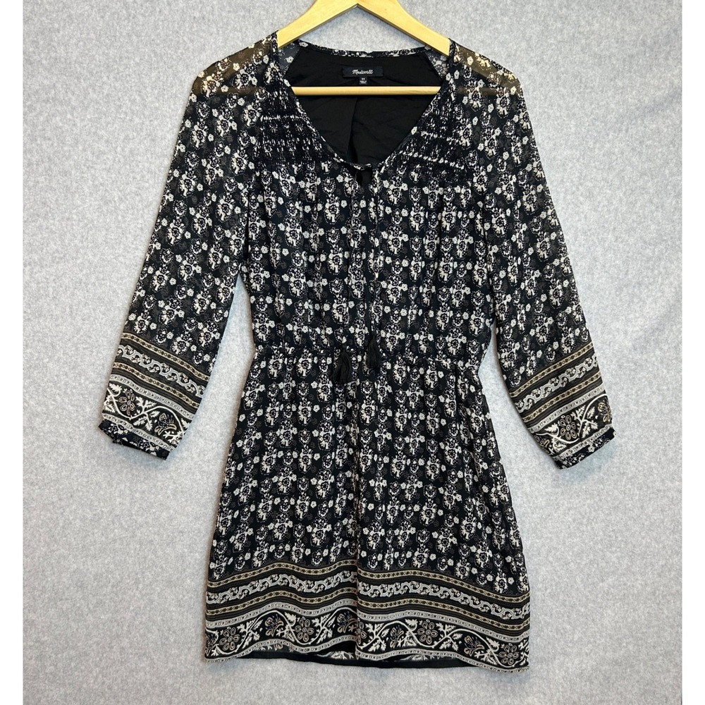 Madewell Size 00 Woodland Artisan Mini Dress Black White Floral Block Print Boho